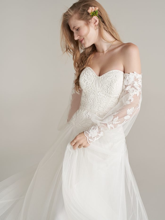 Bride In Lace Off The Shoulder Wedding Dress Called Elouise By Rebecca Ingram
