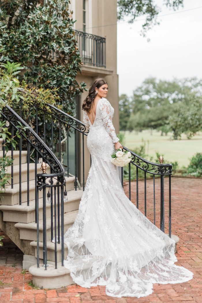 Bride In Long Sleeve Floral Wedding Dress Called Cruz By Sottero And Midgley