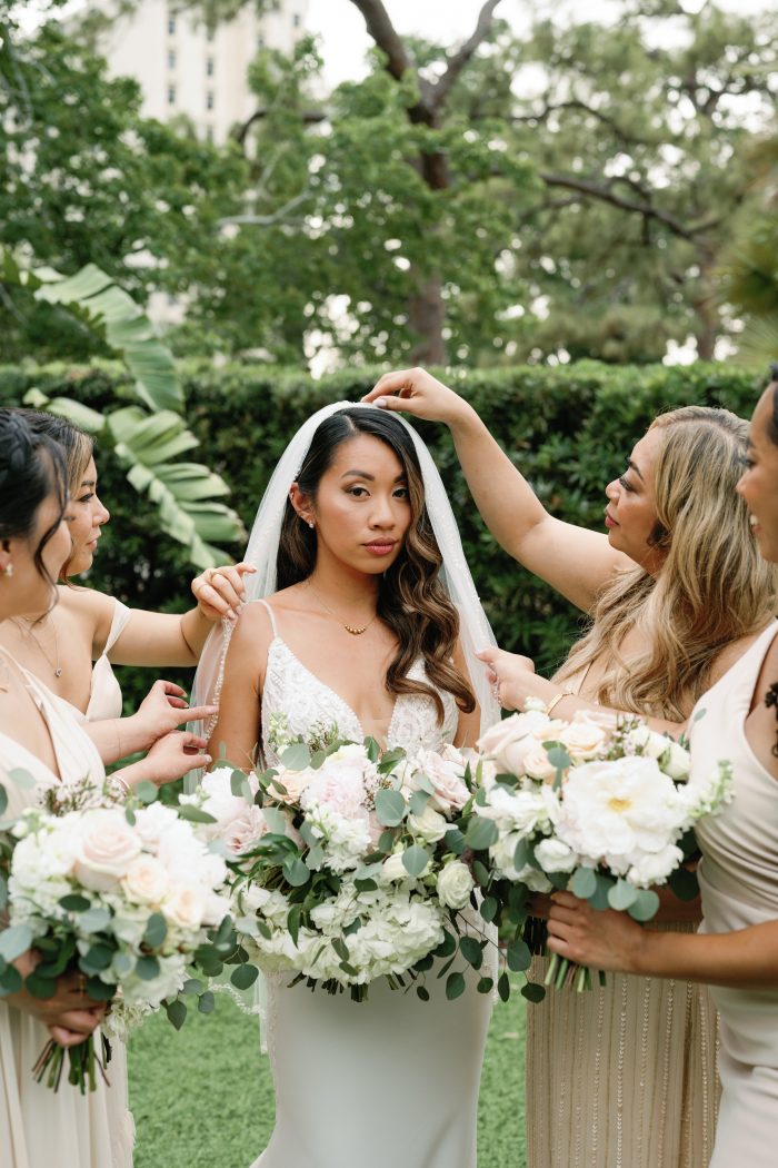 Bride In Crepe Wedding Dress With Bridesmaids Called Bracken By Sottero And Midgley