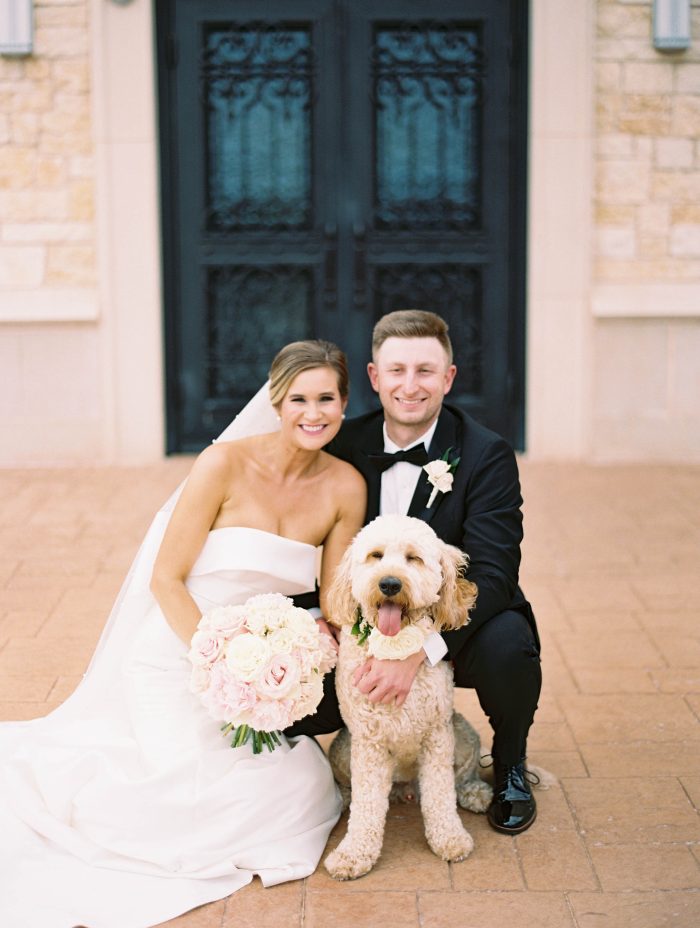 Bride In Strapless Wedding Dress Called Mitchell By Maggie Sottero With Dog Wedding And Husband