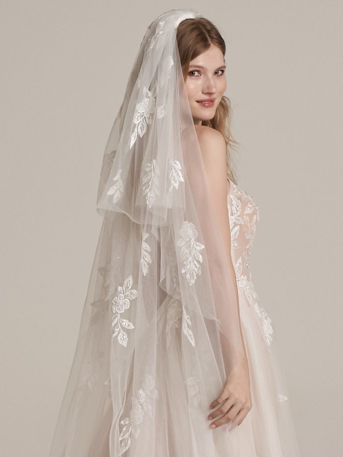 Bride In Lace A-Line Wedding Dress Called Kalina by Rebecca Ingram With Two-Tier Wedding Veil