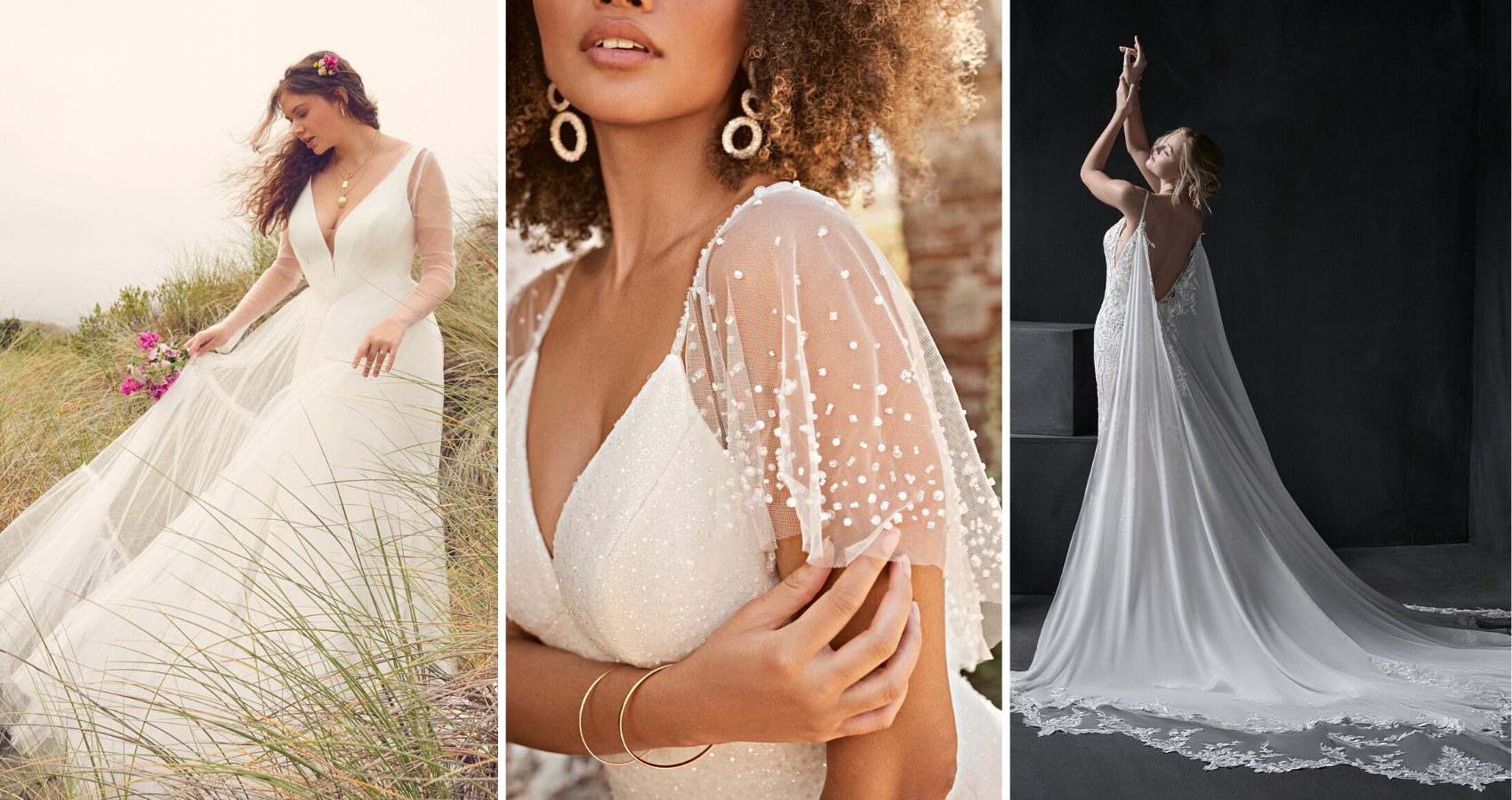 Brides In Bridal Cape And Jackets Called Lana by Rebecca Ingram, Sigourney By Maggie Sottero, And Liam By Sottero And Midgley