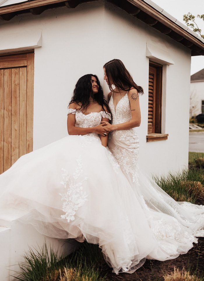 LGBTQ+ brides In Fall Wedding Dresses Called Harlem By Maggie Sottero And Fontaine By Maggie Sottero