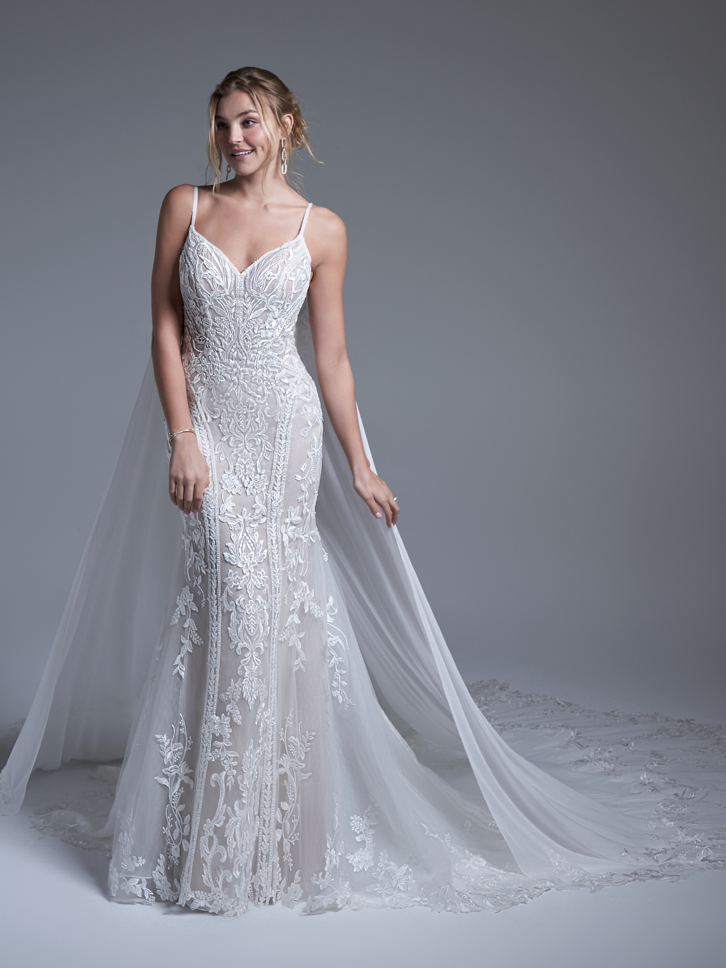 Bride In Lace Fit And Flare Wedding Dress With Bridal Cape Called Liam By Sottero And Midgley