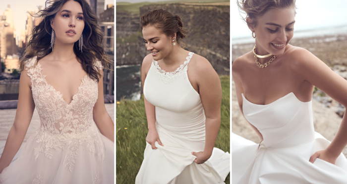 Brides In Wedding Dresses With Bridal Accessories Called Bernadette By Maggie Sottero, Frida By Rebecca Ingram, And Aspen By Sottero And Midgley