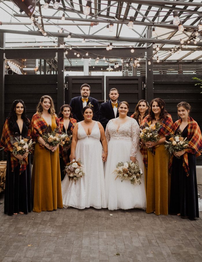 Brides In Fall Wedding Dress Called Mallory Dawn By Maggie Sottero With Bridesmaids In Fall Color Palette