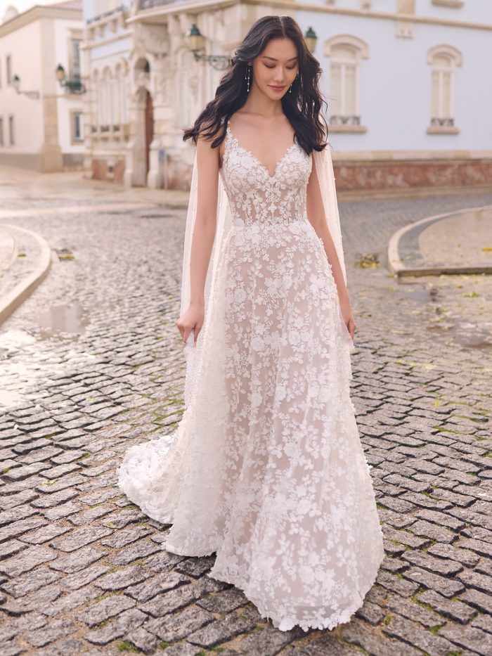 Bride wearing a summer wedding dress named Ladonna by Maggie Sottero