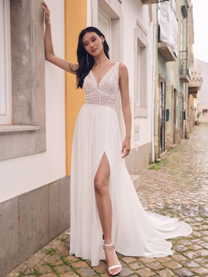 Bride In Chiffon Gown With Beaded Wedding Dress Trends Called Maurelle By Maggie Sottero