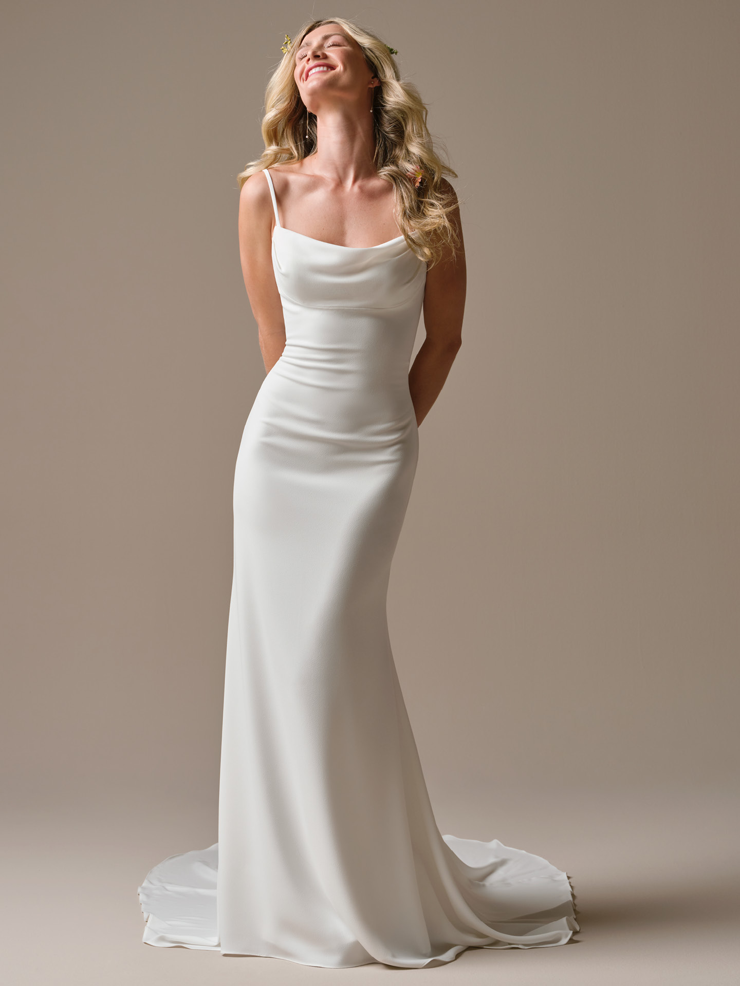 Rebecca Ingram Brenda sheath wedding dress featuring a sleek cowl neckline, delicate spaghetti straps, and a curve-hugging silhouette for an effortlessly modern and minimalist bridal look