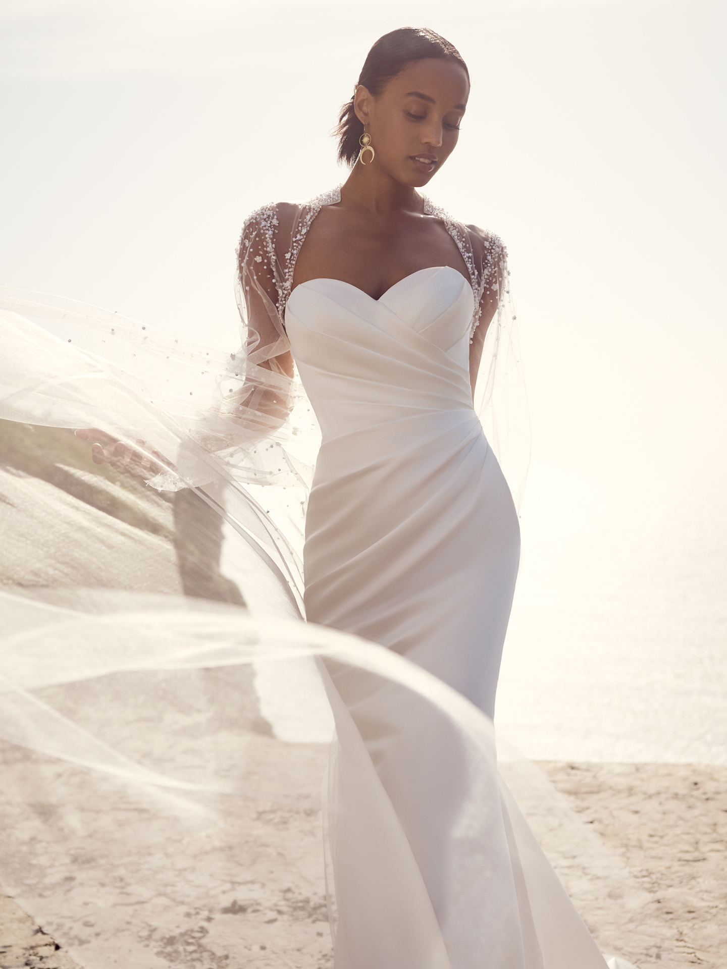 Bride In Strapless Wedding Dress With Crystal Wedding Jacket Called Clover By Rebecca Ingram