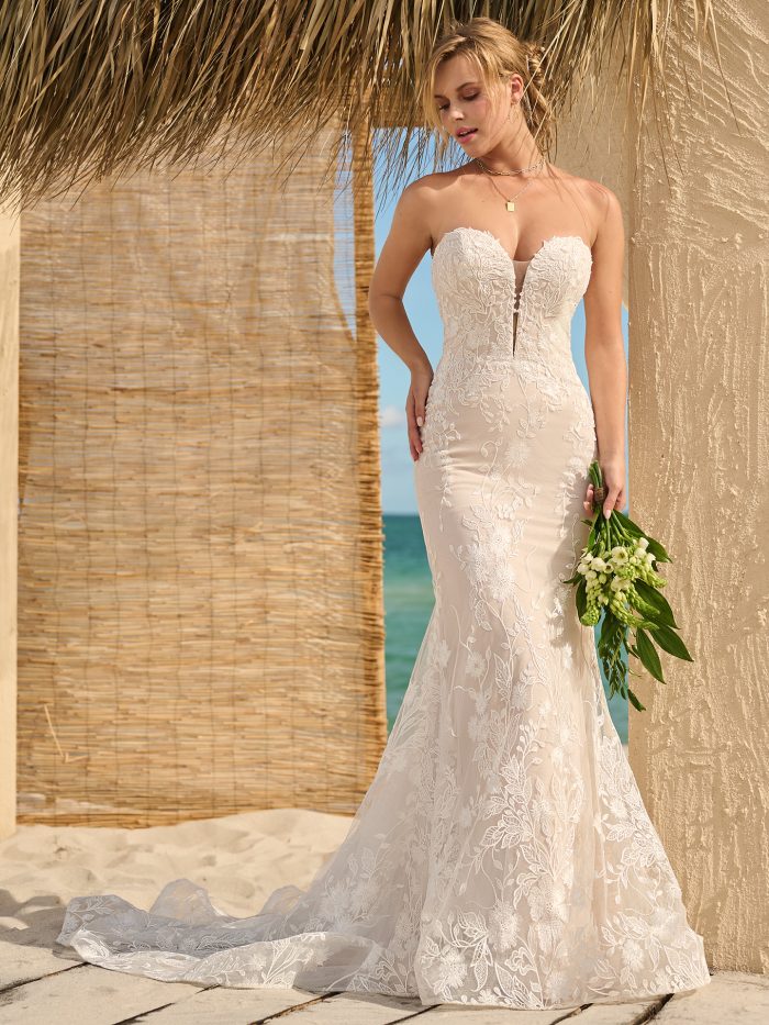 Bride In Lace Strapless Wedding Dress Called Nelly By Rebecca Ingram