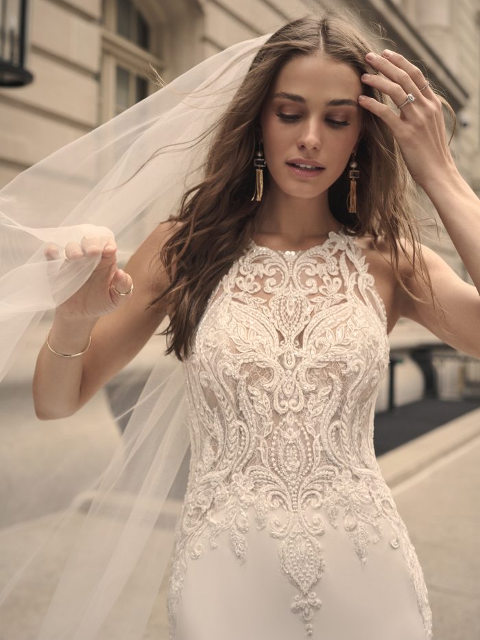 Bride In High Neck Crepe Wedding Dress Called Audrina By Maggie Sottero