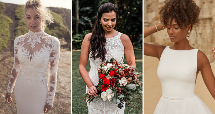 Brides In High Neck Wedding Dresses Called Dionne By Rebecca Ingram, Kevyn By Sottero And Midgley, And Fatima Lynette By Maggie Sottero