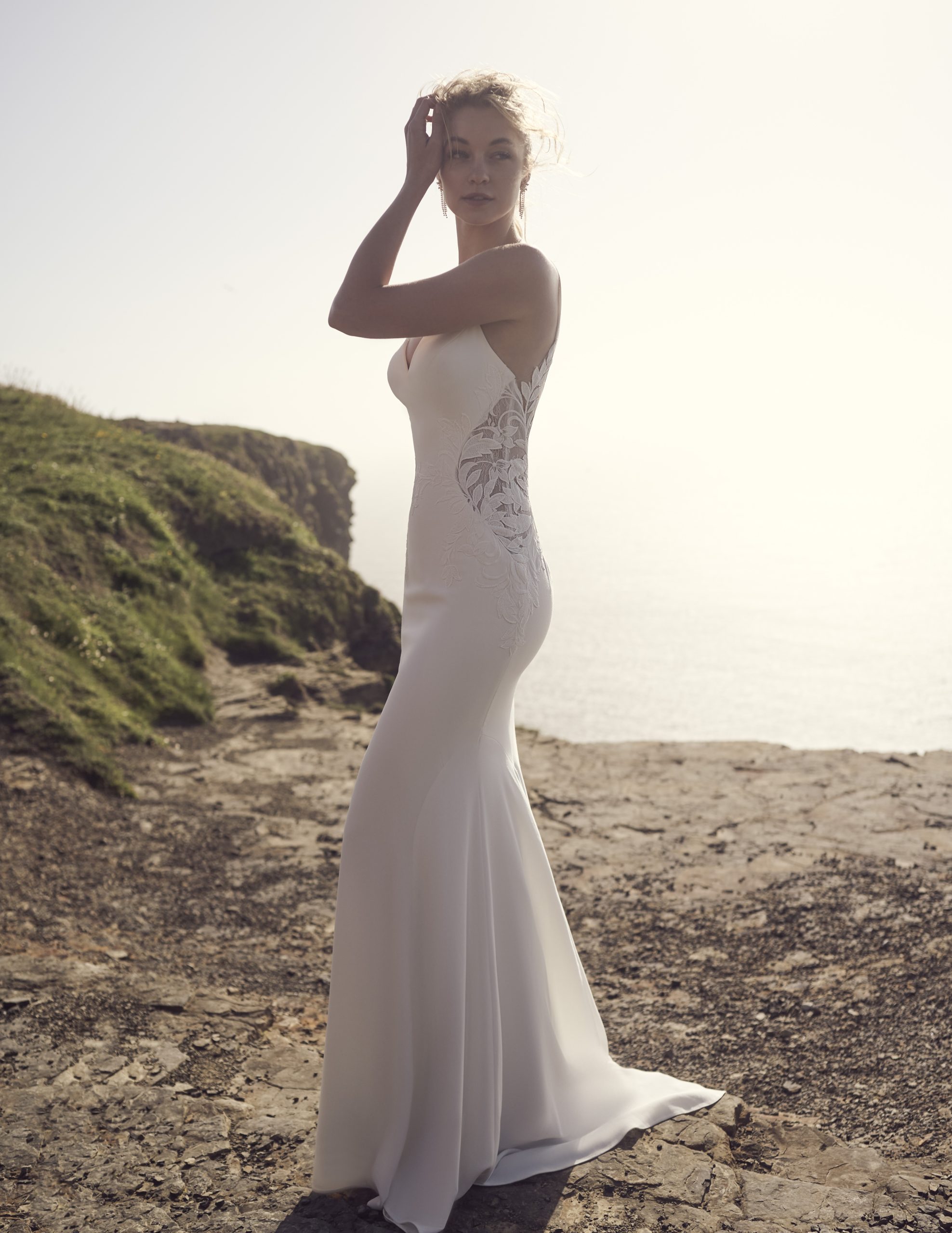 Bride In Beach Crepe Wedding Dress Called Dionne By Rebecca Ingram
