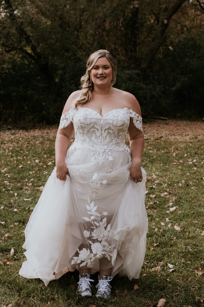 Bride Learning How To Self Love In Lace A-Line Wedding Dress Called Hattie Lane Lynette By Rebecca Ingram