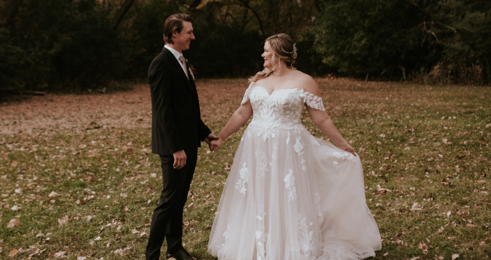 Bride In Floral A-Line Wedding Dress Called Hattie Lane Lynette By Rebecca Ingram With Groom Learning How To Self Love