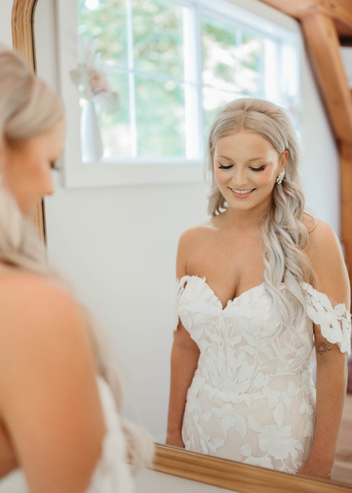 Bride wearing Hattie Lynette by Rebecca Ingram and focusing on her mental wellness tips