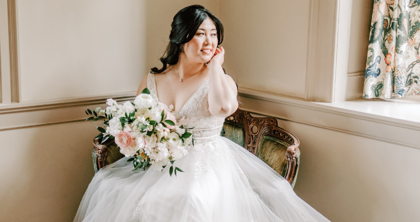 Bride getting her mental wellness improved on her wedding day in a wedding dress by Maggie Sottero