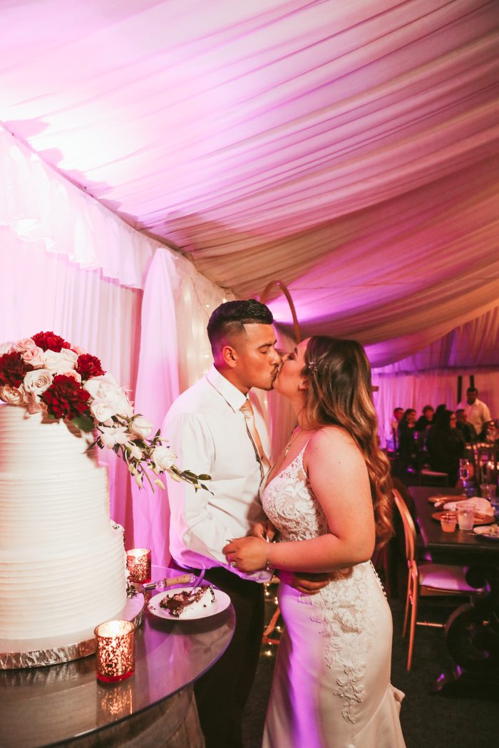 Bride In Lace Crepe Wedding Dress Called Nikki By Maggie Sottero With Magenta Lighting, Groom, And Wedding Cake