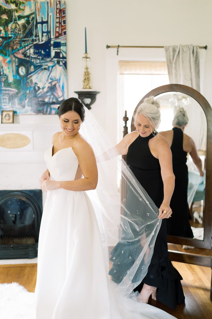 Bride wearing Nisha by Maggie Sottero and focusing on her mental wellness tips