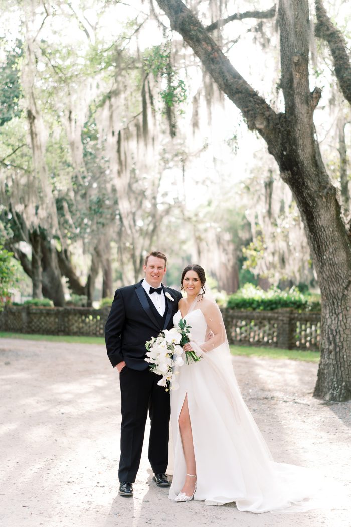 Bride wearing Nisha by Maggie Sottero and focusing on her mental wellness tips with her husband