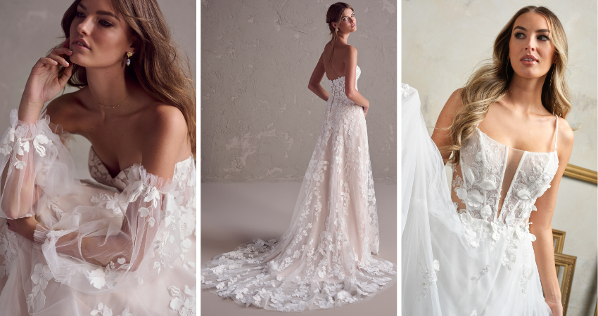 Brides wearing romantic wedding dresses by Maggie Sottero