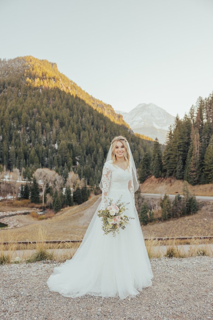Bride In Modest Lace Wedding Dress Called Iris Leigh By Rebecca Ingram