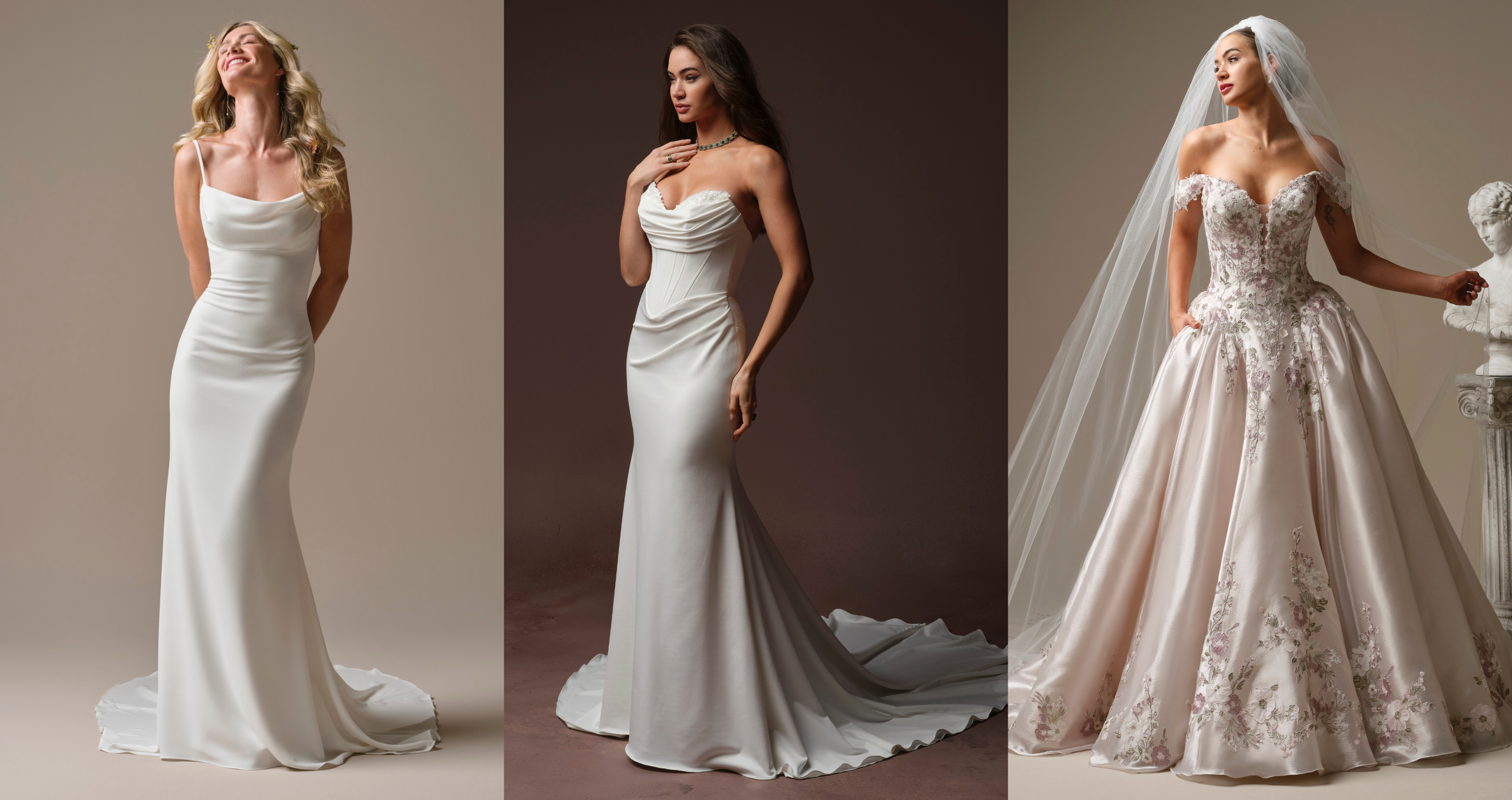Three 90s-inspired wedding dresses featuring sleek satin silhouettes, draped necklines, corset details, and a romantic floral ballgown.