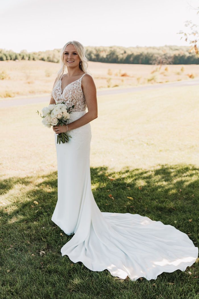 Bride In Sexy Crepe Wedding Dress Called Carmen By Rebecca Ingram