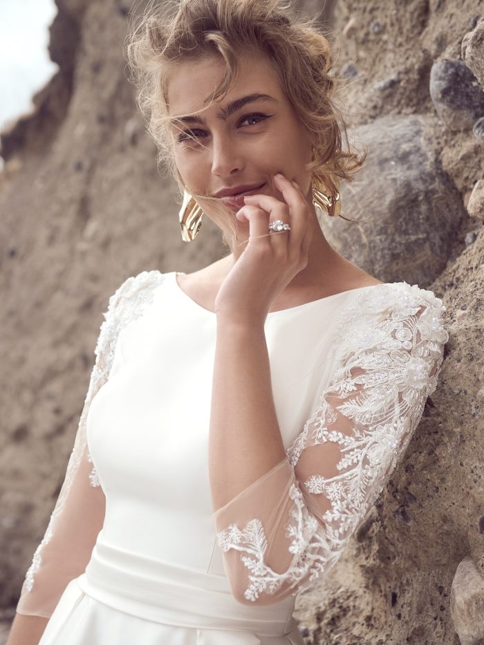 Bride In Long Sleeve Lace And Crystal Wedding Dress Called Magdalena By Sottero And Midgley