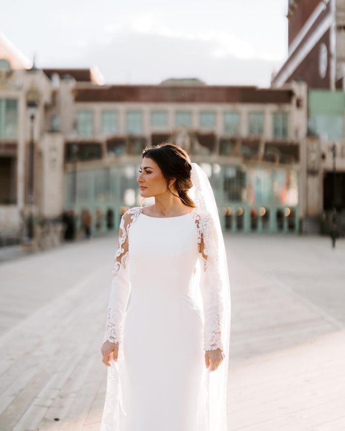 Bride In Modest Crepe Wedding Dress Called Bethany By Rebecca Ingram