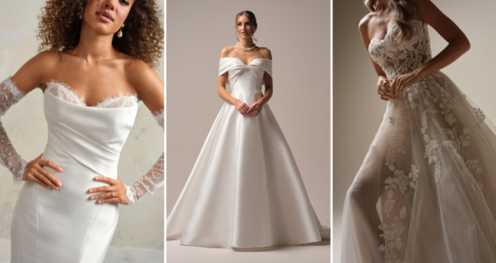 Collage of three Maggie Sottero wedding dresses: a satin fit-and-flare gown with lace sleeves, a Mikado A-line gown with off-the-shoulder bodice, and a floral lace ball gown with illusion details.