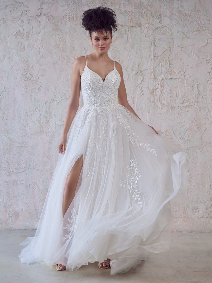 Bride In Chiffon Beaded Wedding Dress Called Sandrine By Maggie Sottero