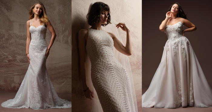 Three brides model white wedding dresses featuring sweetheart, high halter, and strapless necklines with lace, pearl beading, and floral appliqués.