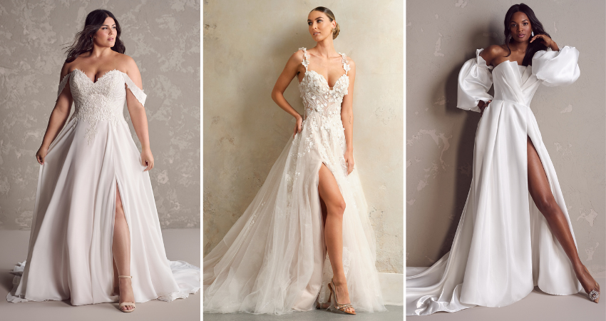 Brides wearing A-line wedding dresses by Maggie Sottero