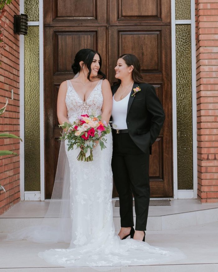 LGBTQ+ Couples With Bride In Lace Wedding Dress Called Greenley By Maggie Sottero