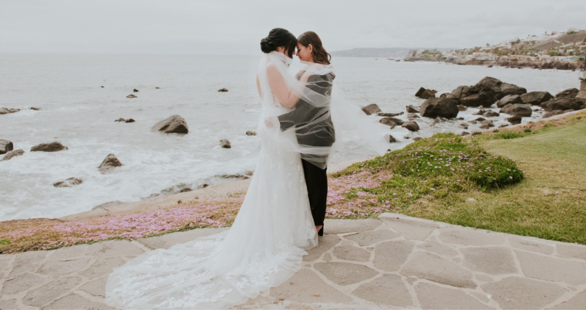 LGBTQ+ Couples With Bride In Lace Wedding Dress Called Greenley By Maggie Sottero