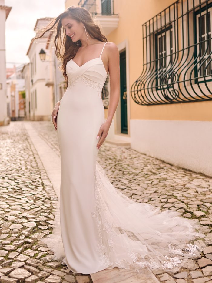 Bride In Crepe Wedding Dress Called Darcy By Maggie Sottero