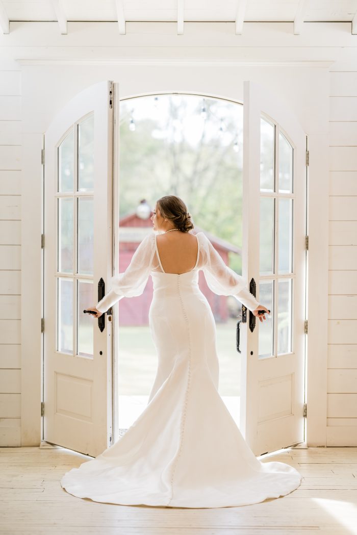 Bride In Satin Wedding Dress Called Pippa By Rebecca Ingram