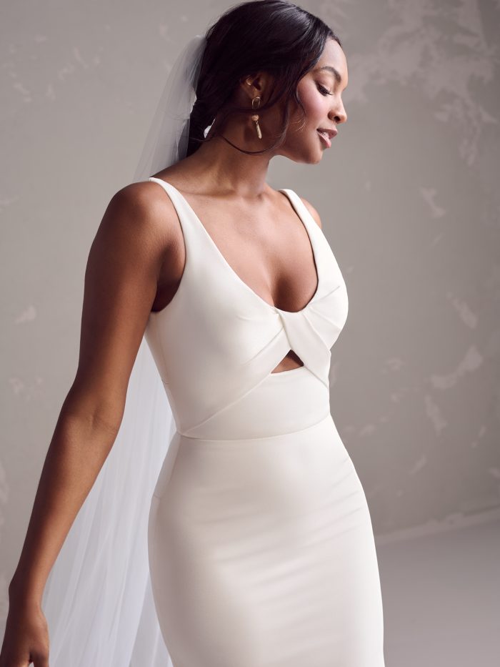 Bride Wearing Simple Wedding Dress with Cut-Outs