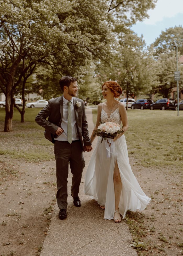 Bride In Chiffon Summer Wedding Dress Called Lorraine By Rebecca Ingram