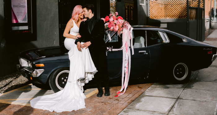 Bride In Anti Bride Wedding Dress Called Fernanda By Maggie Sottero With Groom And Vintage Car
