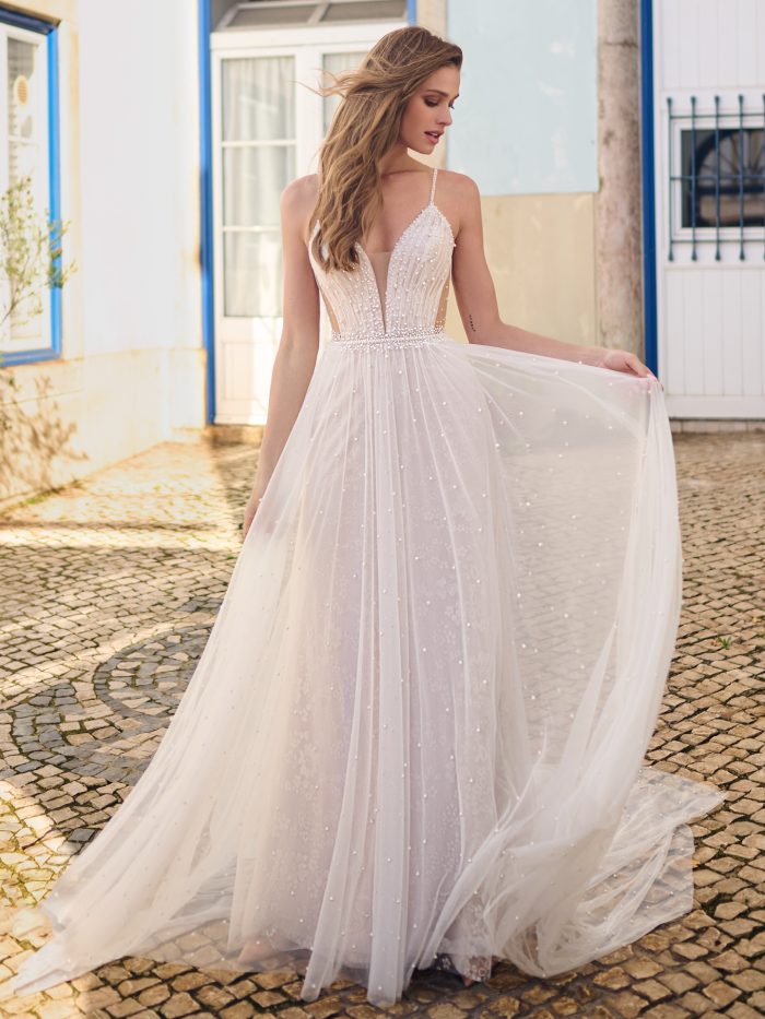 KIA, A-line wedding dress with halter neck