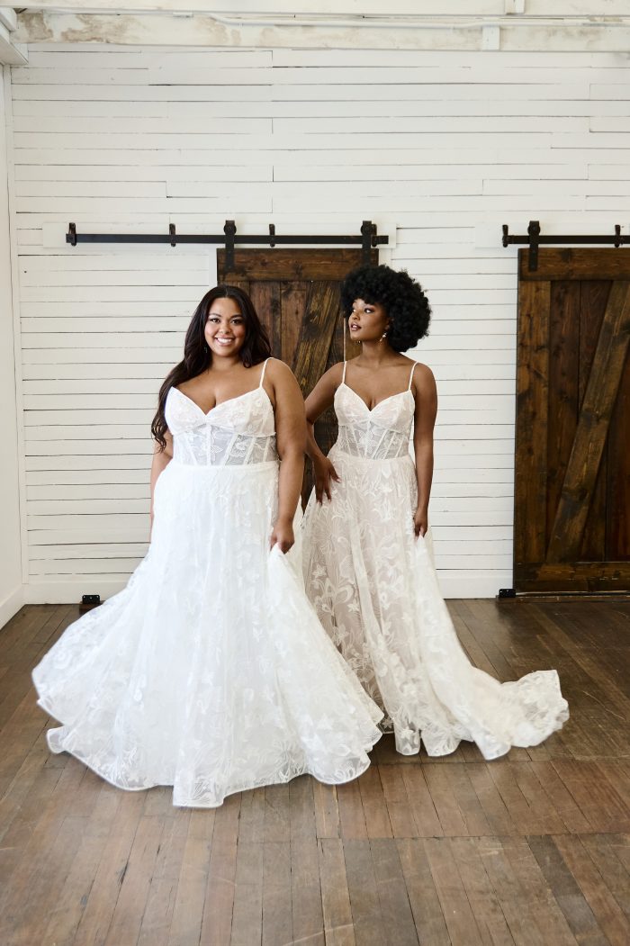 Two Brides In Lace Boho Wedding Dresses Called Havana By Maggie Sottero For Positive Impacts