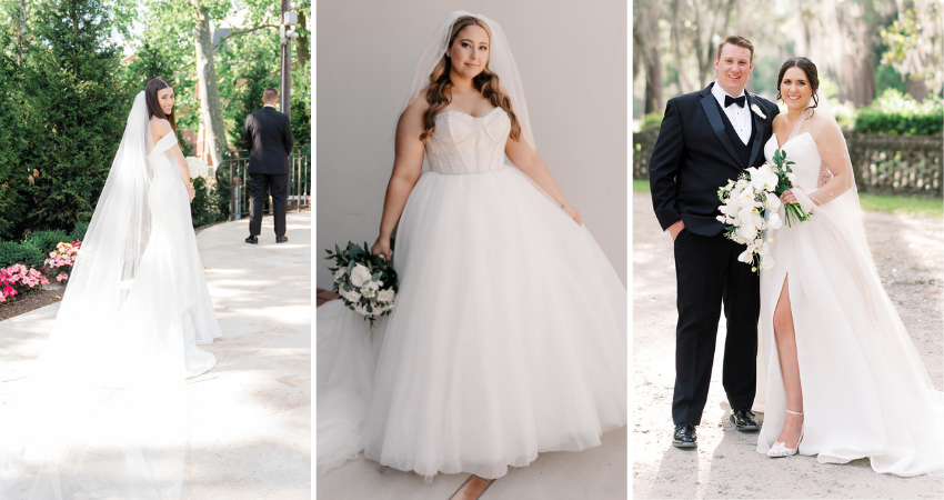 Brides wearing popular wedding dress styles and silhouettes by Maggie Sottero