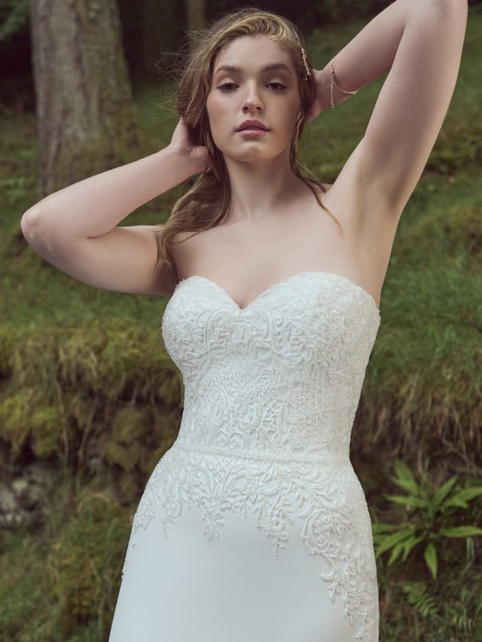 Bride In Pearl Fit-And-Flare Wedding Dress Called Shoshanna By Rebecca Ingram