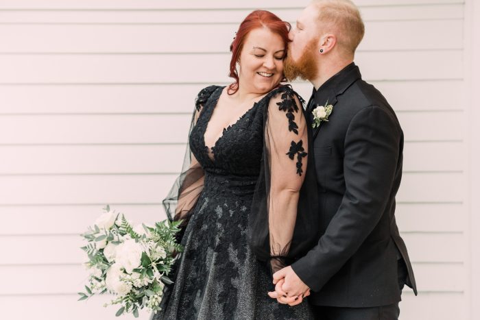 Bride Wearing Black Long Sleeve Wedding Dress Alexandria by Rebecca Ingram