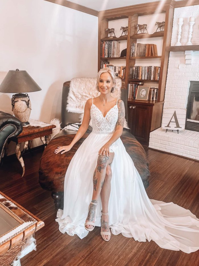 Bride Sitting in Lorraine Wedding Dress by Rebecca Ingram