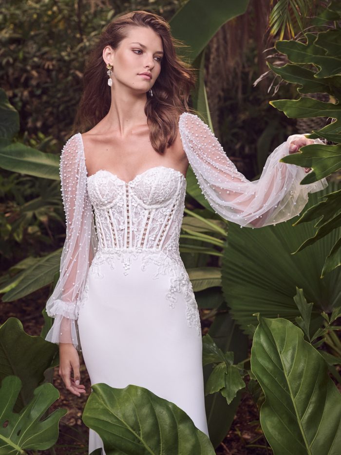 Bride in Jungle Wearing Lower-Impact Fabric Fit and Flare Long Sleeve Pearl Wedding Dress Doritte by Maggie Sottero