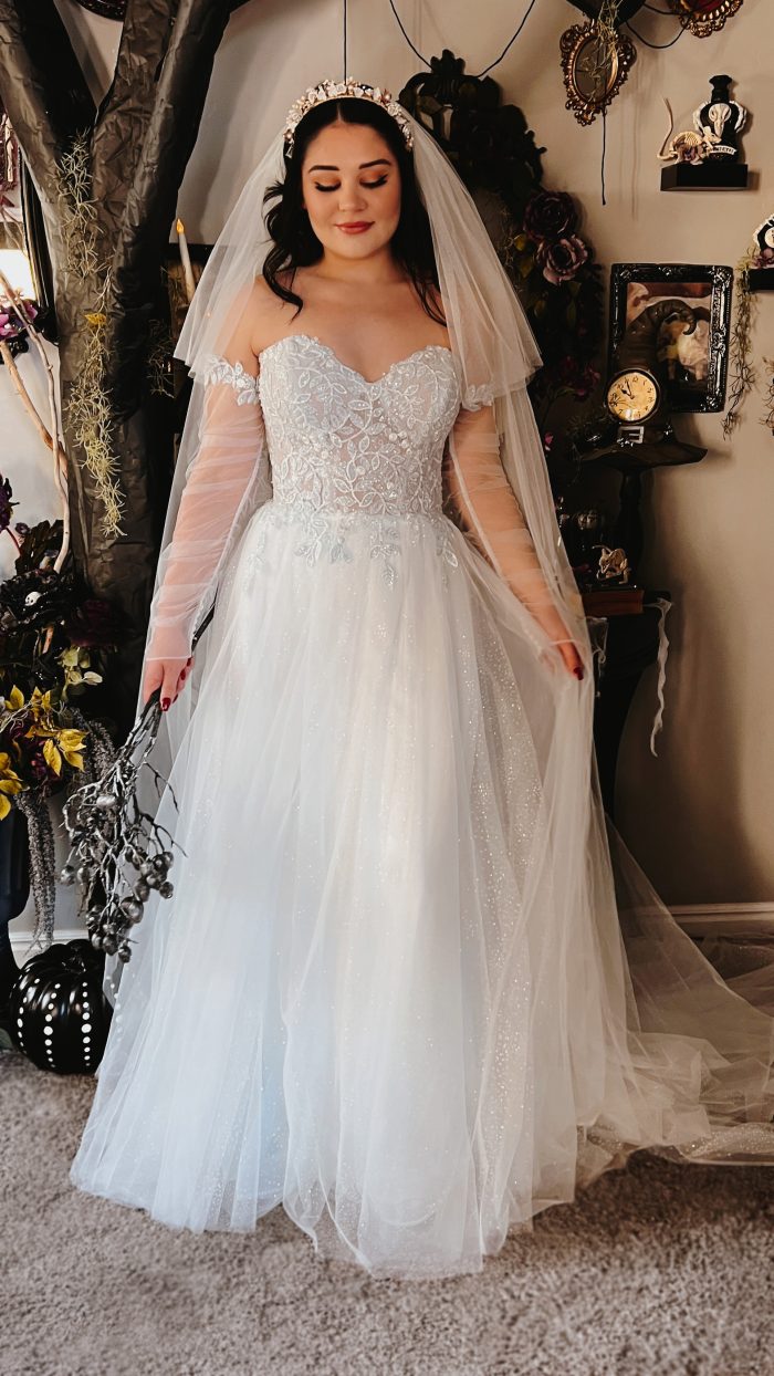 Bride wearing Marigold by Rebecca Ingram to her Halloween wedding.